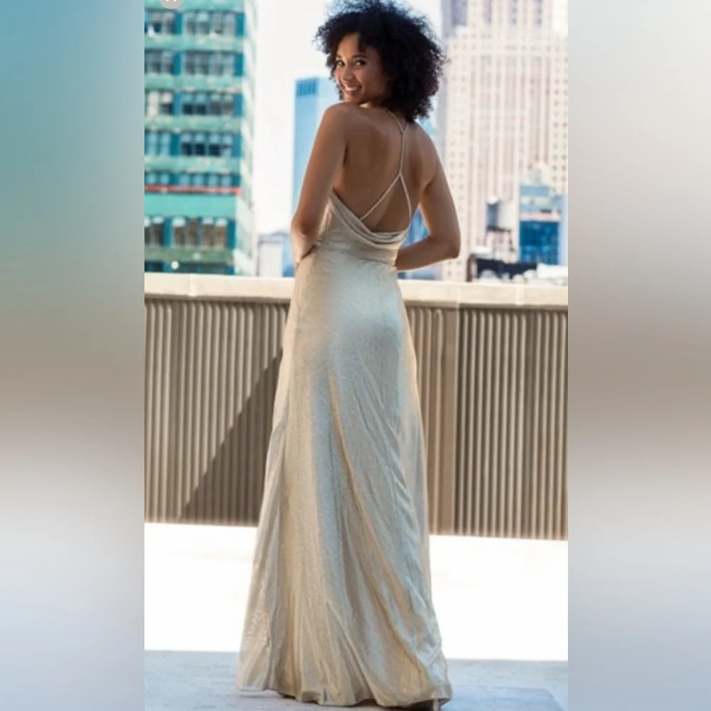 Hayley Paige Occasions Shimmering Gold Maxi Dress - Picture 2 of 8